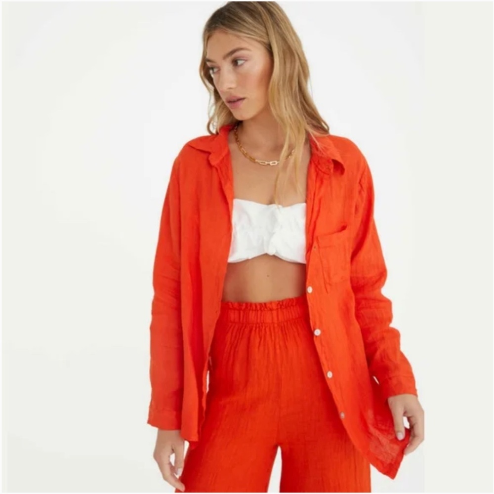 Marche "the playa" linen Button Up shirt Papaya Orange Blouse